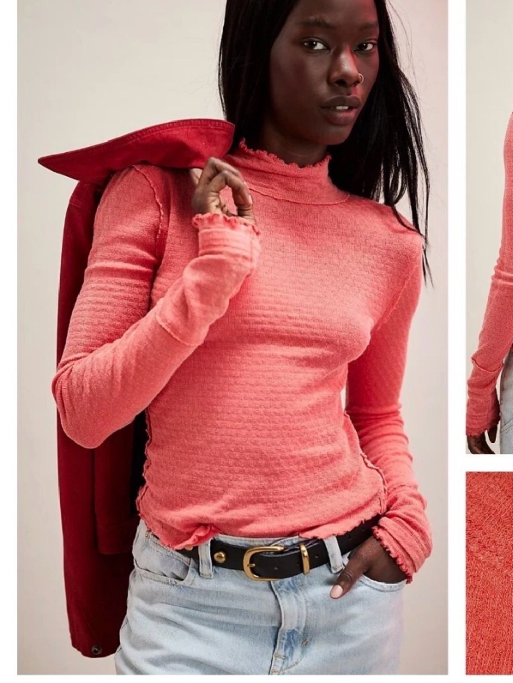 We The Free Coral Pink Long-Sleeve Raw-Edge Top